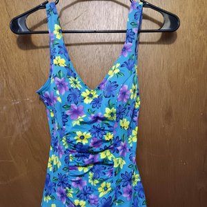 s10 Mallet Body Ltd. Teal floral print roched one piece swimsuit bathing suit